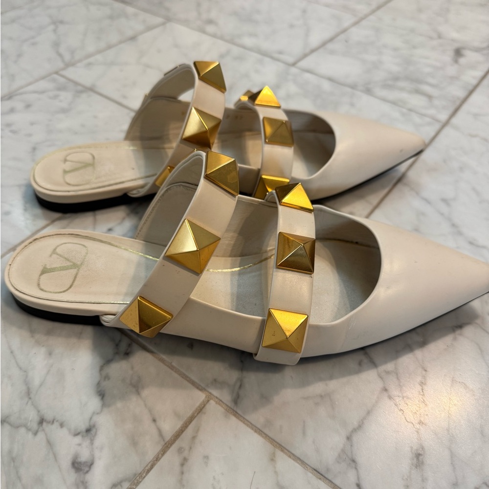 Valentino Cream Flats with Gold Studs - Picture 2 of 4